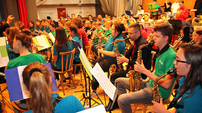 Beim Konzert »Spätzle trifft Wattwurm« musizierten gleich mehrere Orchester und Ensembles auf der Bühne der HAP-Grieshaber-Halle Beim Konzert »Spätzle trifft Wattwurm« musizierten gleich mehrere Orchester und Ensembles auf der Bühne der HAP-Grieshaber-Halle