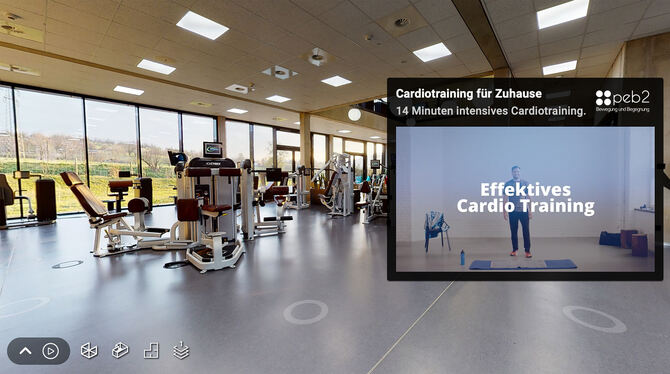 An diesem roten Infopunkt (rechts) im virtuellen peb2 werden Möglichkeiten zur sportlichen Betätigung in den eigenen vier Wänden An diesem roten Infopunkt (rechts) im virtuellen peb2 werden Möglichkeiten zur sportlichen Betätigung in den eigenen vier Wänden