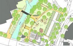 Das vorläufige Entwicklungskonzept für den Adlergarten mit dem Park mit Spielplatz und Erholungszonen im Zentrum. Links der Erms