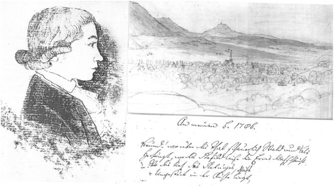 In der Wilhelm-Zimmermann-Gedenkstätte ausgestellte Bildmontage mit einem Hölderlin-Porträt, einer von Eberhard Emminger gezeich In der Wilhelm-Zimmermann-Gedenkstätte ausgestellte Bildmontage mit einem Hölderlin-Porträt, einer von Eberhard Emminger gezeich