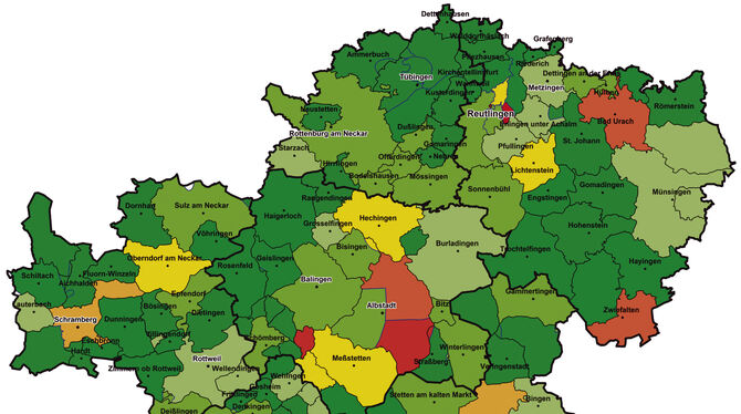 Rot, gelb und grün: Anteile überschuldeter Privatpersonen im Verhältnis zu allen Erwachsenen in Gemeinden. GRAFIK: CREDITREFORM Rot, gelb und grün: Anteile überschuldeter Privatpersonen im Verhältnis zu allen Erwachsenen in Gemeinden. GRAFIK: CREDITREFORM