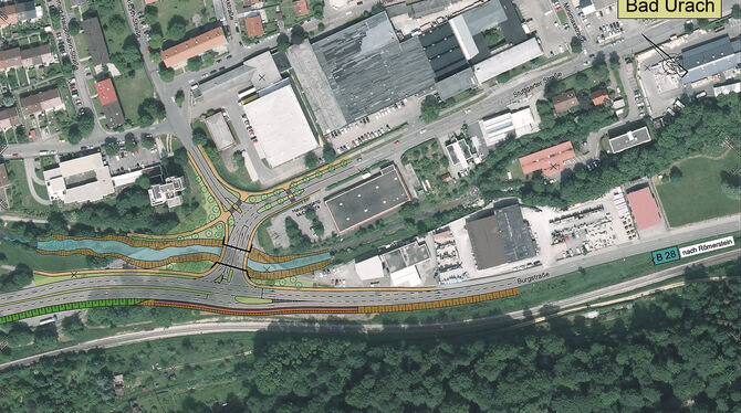 Die Hochhauskreuzung: Der Plan zeigt, dass die B 28 auch in diesem Bereich aufgeweitet wird, die Fahrzeuge also auf vier statt w Die Hochhauskreuzung: Der Plan zeigt, dass die B 28 auch in diesem Bereich aufgeweitet wird, die Fahrzeuge also auf vier statt w