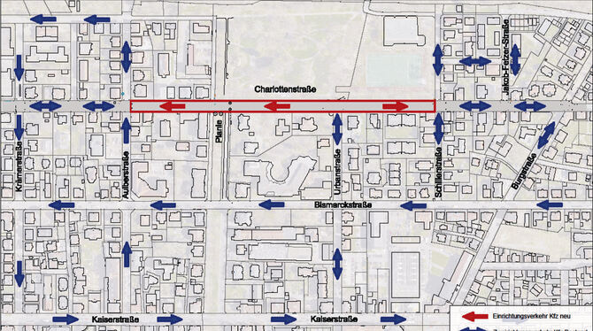 Die Charlotten- straße unterbrechen künftig zwischen Aulber- und Schillerstraße zwei gegenläufige Einbahnstraßen. GRAFIK Die Charlotten- straße unterbrechen künftig zwischen Aulber- und Schillerstraße zwei gegenläufige Einbahnstraßen. GRAFIK