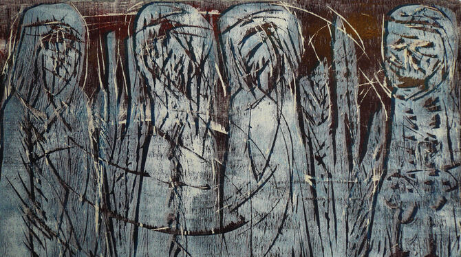 Verlorene Gestalten im Niemandsland am Stacheldraht: Holzschnitt von Klaus Herzer in seiner Ausstellung »Grenzerfahrungen« in Ös