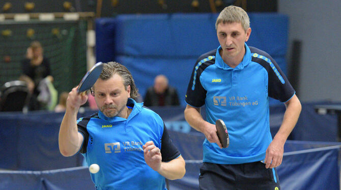 Tischtennis, TTV Württemberg-Hohenzollern, Landeslige, LL, Maenner, 2019 Jürgen Eisele (links) und Steffen Leuze von der Spvgg Mössingen.
