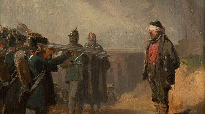 Standrechtliche Erschießung eines Schwarzwaldbauern durch preußische Soldaten. Ölskizze des badischen Hofmalers Johann Baptist K Standrechtliche Erschießung eines Schwarzwaldbauern durch preußische Soldaten. Ölskizze des badischen Hofmalers Johann Baptist K