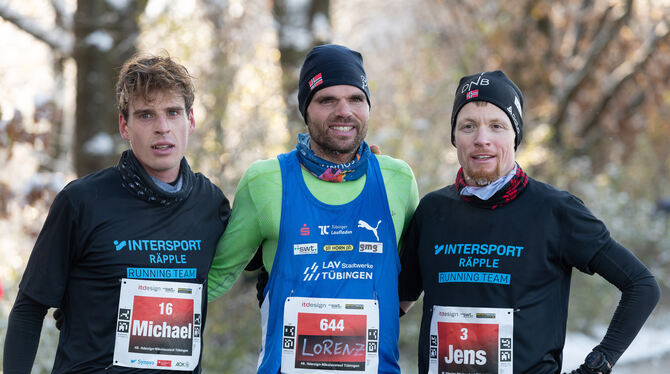 Nikolauslauf Tübingen 2023 Lorenz Baum, Michael Wörnle, Jens Ziganke Die drei Ersten bei den Männern: (von links) Michael Wörnle, Lorenz Baum, Jens Ziganke.