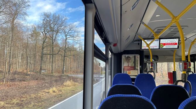 Busfahrt FMO Schönbuch Friedrich Müller Omnibus Nahverkehr Innenaufnahme Businnere Der Bus der Linie 827 fährt an einem sonnigen Januartag durch den Schönbuch von Tübingen nach Walddorfhäslach. Diese Verbindung
