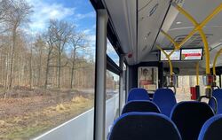 Der Bus der Linie 827 fährt an einem sonnigen Januartag durch den Schönbuch von Tübingen nach Walddorfhäslach. Diese Verbindung