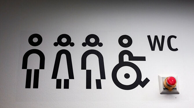 Piktogramme, Toilette, Symbole, Manchmal muss eine Toilette ganz schnell erreichbar sein. Dann, wenn der menschliche Körper auf den roten Alarmknopf gedrückt ha