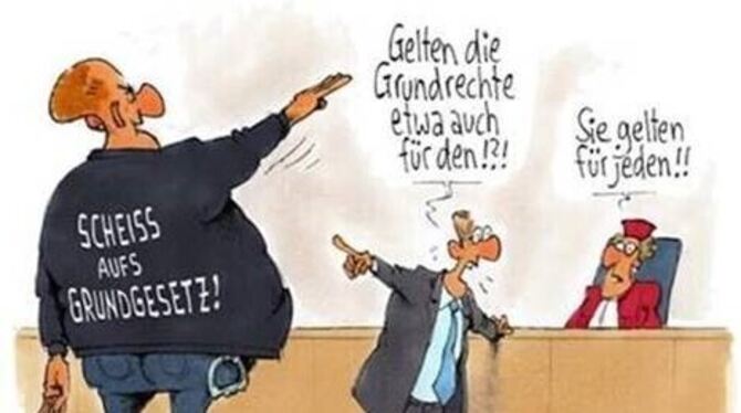 Karikatur zum Artikel 18. Dieser bestimmt, in welcher Situation der Staat einem Menschen ein Grundrecht wegnehmen darf. KARIKATU