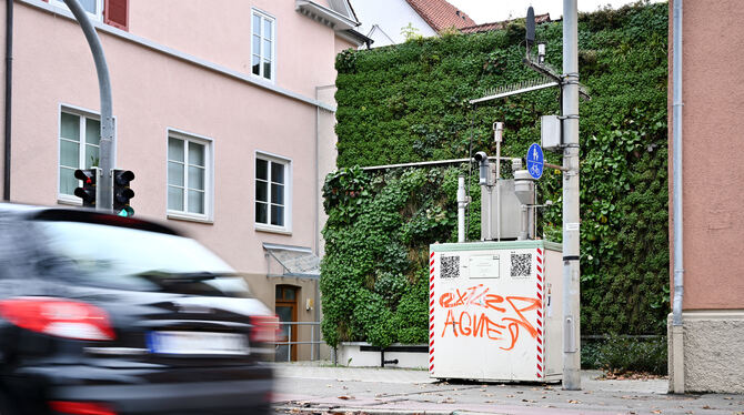 Umweltspur, Spursperrung, Reutlingen, Leserstraße, Messstation Die Luftmesssation an der Reutlinger Lederstraße.