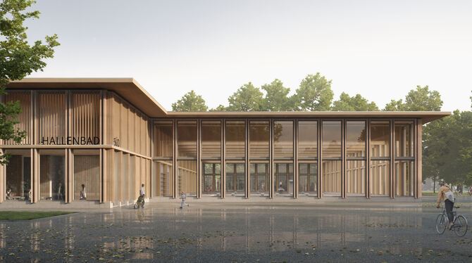 Visualisierung im Siegerentwurf: So könnte es aussehen, das neue Hallenbad Süd draußen beim Freibad.