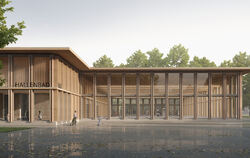 Visualisierung im Siegerentwurf: So könnte es aussehen, das neue Hallenbad Süd draußen beim Freibad. 