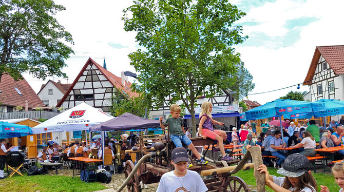 Für Gaudi beim Bernlocher Hülehock sorgte das Wett-Wasserpumpen an der Hüle.