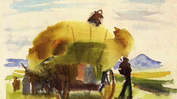 Normann Bögles Aquarell »Fuhrwerk bei der Heuernte« aus dem Jahr 1947.