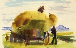 Normann Bögles Aquarell "Fuhrwerk bei der Heuernte" aus dem Jahr 1947.