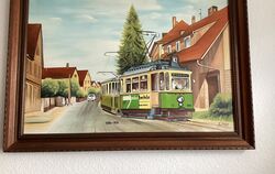 Gemälde der Reutlinger Straßenbahn auf ihrer Fahrt durch Oferdingen. Das Bild schmückte einst eine Gaststätte und sei »vermutlic