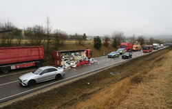 Dieser Lastwagen, der Müll geladen hatte, verunglückte am Donnerstagvormittag auf der B28 bei Metzingen-Neuhausen.