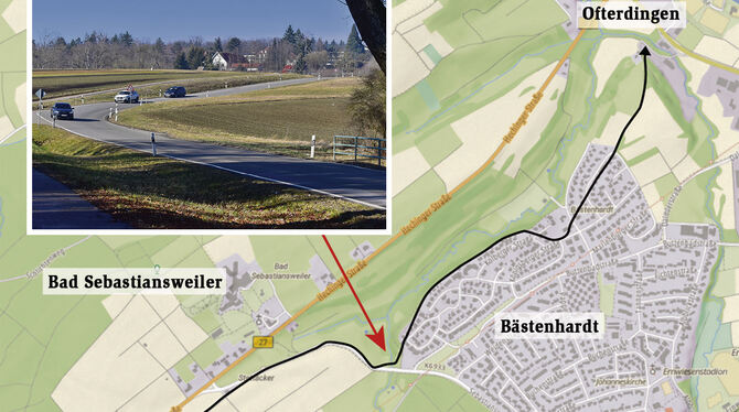 Die mittelalterliche Vorläuferin der B 27 führte über das Butzenbad (heute Trinkpavillion an der Schwefelquelle; roter Pfeil), d