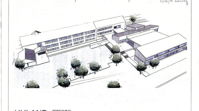 Die große Lösung bei der Uhlandschule mit einem Verbindungsgebäude zwischen Grund- und Hauptschule. VISUALISIERUNG: WEZEL Die große Lösung bei der Uhlandschule mit einem Verbindungsgebäude zwischen Grund- und Hauptschule. VISUALISIERUNG: WEZEL