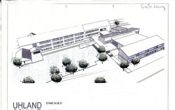 Die große Lösung bei der Uhlandschule mit einem Verbindungsgebäude zwischen Grund- und Hauptschule.  VISUALISIERUNG: WEZEL 