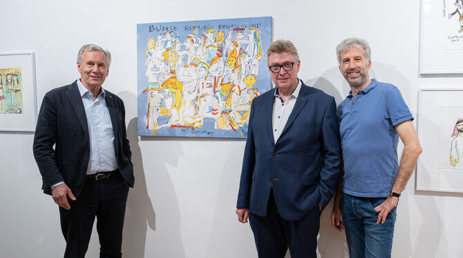 Christian Wulff NKT Bunte Republik Deutschland Christian Wulff zusammen mit Museumsgründer Bernhard Feil und OB Palmer vor der Leihgabe des Bildes, das Udo Lindenberg dem ehem
