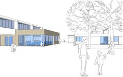 So könnte der Mensa-Anbau in Grafenberg einmal aussehen.  SKIZZE: ARCHITEKTEN WEZEL