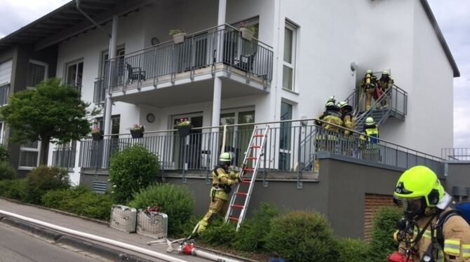 Mit Hilfe einer Steckleiter überwanden die Feuerwehrleute die Mauer und einen Zaun, um in den verrauchten oberen Trakt zu gelang