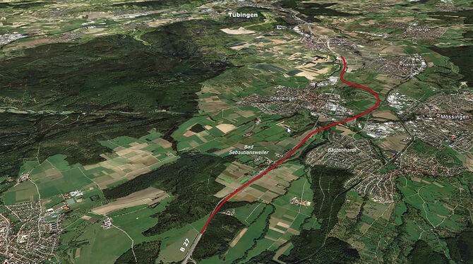 Endelbergtrasse Das rote Band der Trasse, die die Lücke im Steinlachtal schließen soll: Begonnen wird unten bei Bodelshausen. Endelberg und Ofte