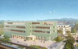 Das Haus der Region soll auf dem ehemaligen Gelände der Kreissparkasse in Mössingen entstehen. Die Visualisierung zeigt das Gebä