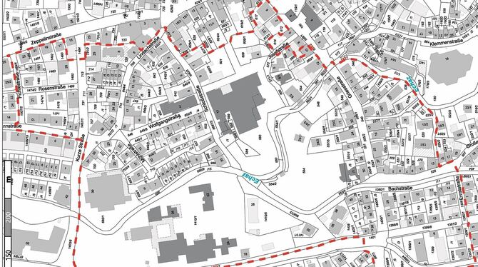 Karte , Sanierungsgebiet Die gestrichelte Line markiert die Grenzen für die Voruntersuchung des Sanierungsgebiets »Westliche Innenstadt«.
