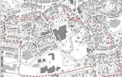 Die gestrichelte Line markiert die Grenzen für die Voruntersuchung des Sanierungsgebiets "Westliche Innenstadt".        