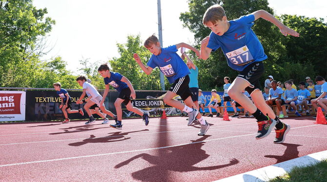 2025-06-24 Jugend trainiert für Olympia,Kreisfinale,Pfullingen,Schönbergstadion Voller Dynamik: Wie die Profis starten die Grundschüler beim 50-Meter-Lauf, hier sie Jungs der Pfullinger Laiblinschule und Sch