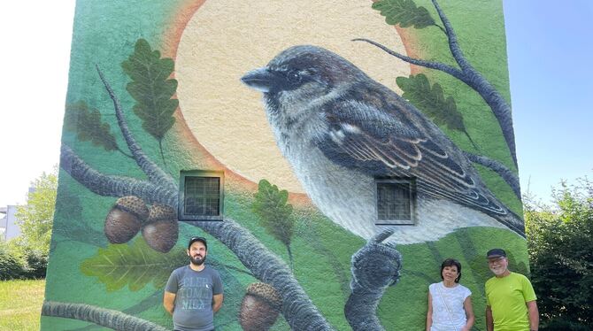 Zwei-Eichen-Turm Pliezhausen Graffiti Street-Art Spatz Vogel Looven Der Street-Art-Künstler Johannes Schubert, alias Looven (links), hat die Fassaden den Zwei-Eichen-Turms neu gestaltet. Die Auft