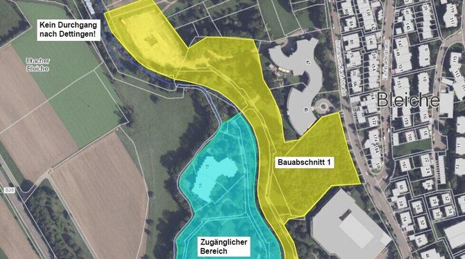 Ab Montag für Bauarbeiten gesperrt: Der gelbe Bereich (Bauabschnitt 1) des Kurparks in Bad Urach.  KARTE: STADT BAD URACH