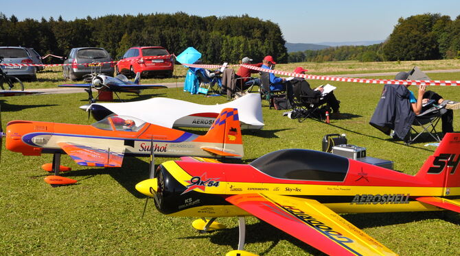 Startklar zum Aufsteigen sind Modellflugzeuge und ihre Piloten