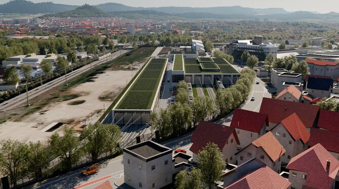 Regionalstadtbahn Betriebshof Die Visualisierung des Stadtbahn-Betriebshofs auf der Brachfläche des ehemaligen Reutlinger Güterbahnhofs zeigt, wie das Projekt