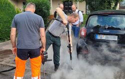 Bis zu einem halben Meter tief dringt die Löschlanze ein, ehe es den Ameisen mit kochend heißem Wasser und mächtig viel Dampf an