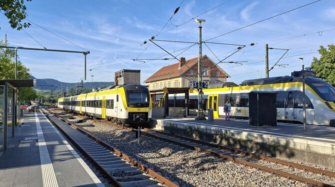Am neuen Gleis 4 des Metzinger Bahnhofs (im Vordergrund) halten noch keine Züge. Es muss erst ans dortige Schienennetz angebunde