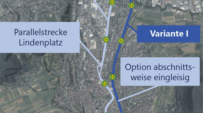 Regional-Stadtbahn, Stadtbahn, Echazbahn, Pfullingen, Trasse, Variante Zwei Trassen-Varianten gibt es für die Regional-Stadtbahn durch Pfullingen. Die vom Zweckverband bevorzugte ist die Variante I ü