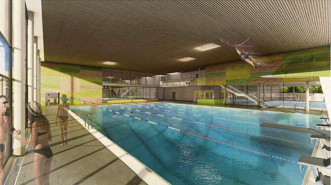 Das 25 Meter lange Schwimm- und Sportbecken mit Sprunganlage .  VISUALISIERUNG: KRIEGER ARCHITEKTEN/INGENIEURE
