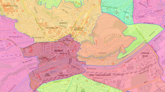 Der Internet-Stadtplan Tübingens kann mithilfe von Geodaten die verschiedensten Themen visualisieren - so wie eine Darstellung ü