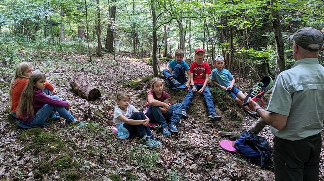 Kinder unterwegs im »Grünen Klassenzimmer« in Belsen.  FOTO: PR