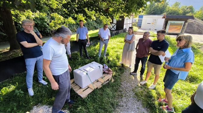 Gartenschau Planorama-Chef Maik Böhmer (2. von links) zeigt Mitgliedern des Gartenbau-Ausschusses einen Stein, der im neuen Kurpark als Sitz