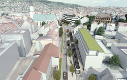 Auf Höhe der Neuen Mitte würde die Stadtbahn (auf der Innenstadttrasse) beim Haus am Stadtgarten halten.    