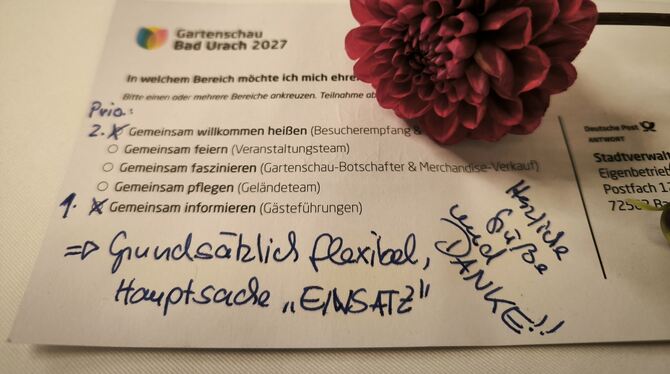 GS-Ehrenamt-persönlich Eine Besucherin hat ihrer Begeisterung auf dem »Anmeldeformular« für ehrenamtliche Gartenschau-Mitarbeiter deutlich Ausdruck ver
