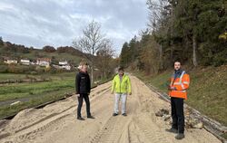 Tobias Halm, Marcus Friedrich und Corinna Himming (von rechts) begutachten die Felsräumungsmaßnahmen in Gundelfingen.