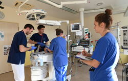 Genau beobachtet absolvieren Pfleger und Ärzte das Reanimationstraining bei Früh- und Neugeborenen in der Kinderklinik am Steine