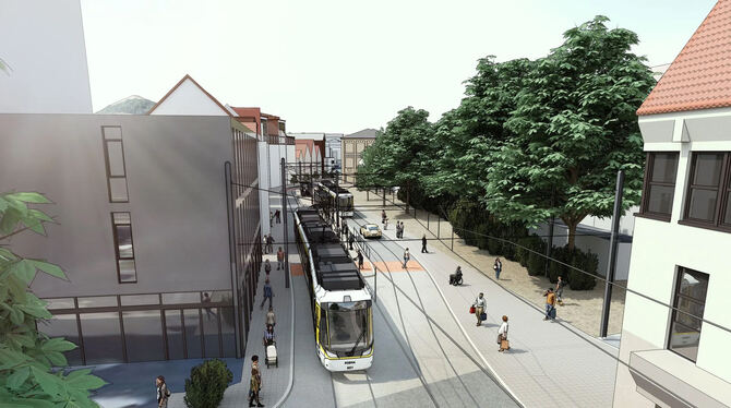 Zur Trasse Gartenstraße böge die Stadtbahn am Lindachknoten ab: Die Visualisierung zeigt die Haltestelle Albtorplatz.